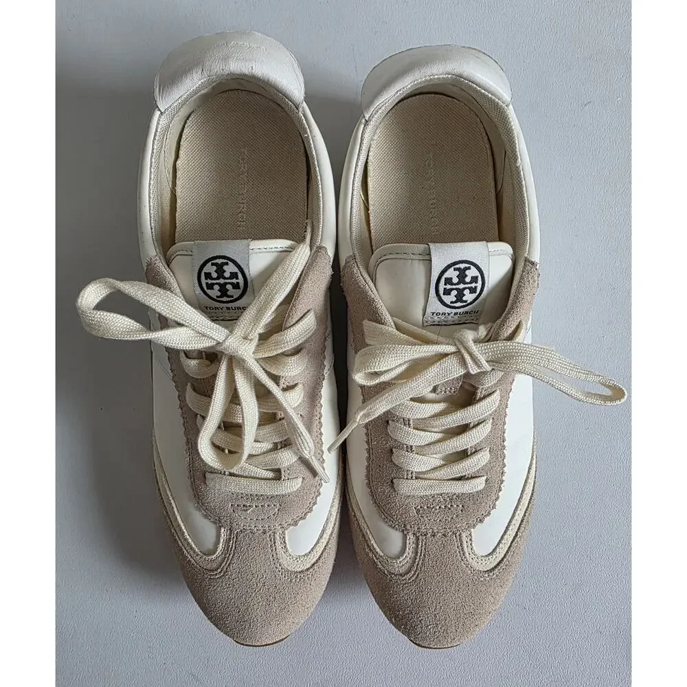 Tory Burch Hank Logo Leather Suede Lace Up Sneakers White Beige Size 10